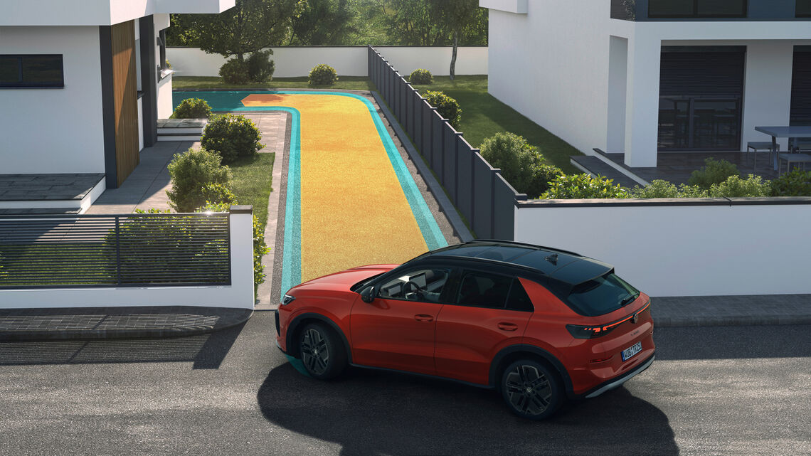 Oficiálna ilustrácia Volkswagenu znázorňuje uloženú príjazdovú trasu. Pamäťový manéver môže mať až 50 metrov. Foto: Volkswagen AG / Volkswagen Newsroom. Bezplatné použitie na redakčné účely.